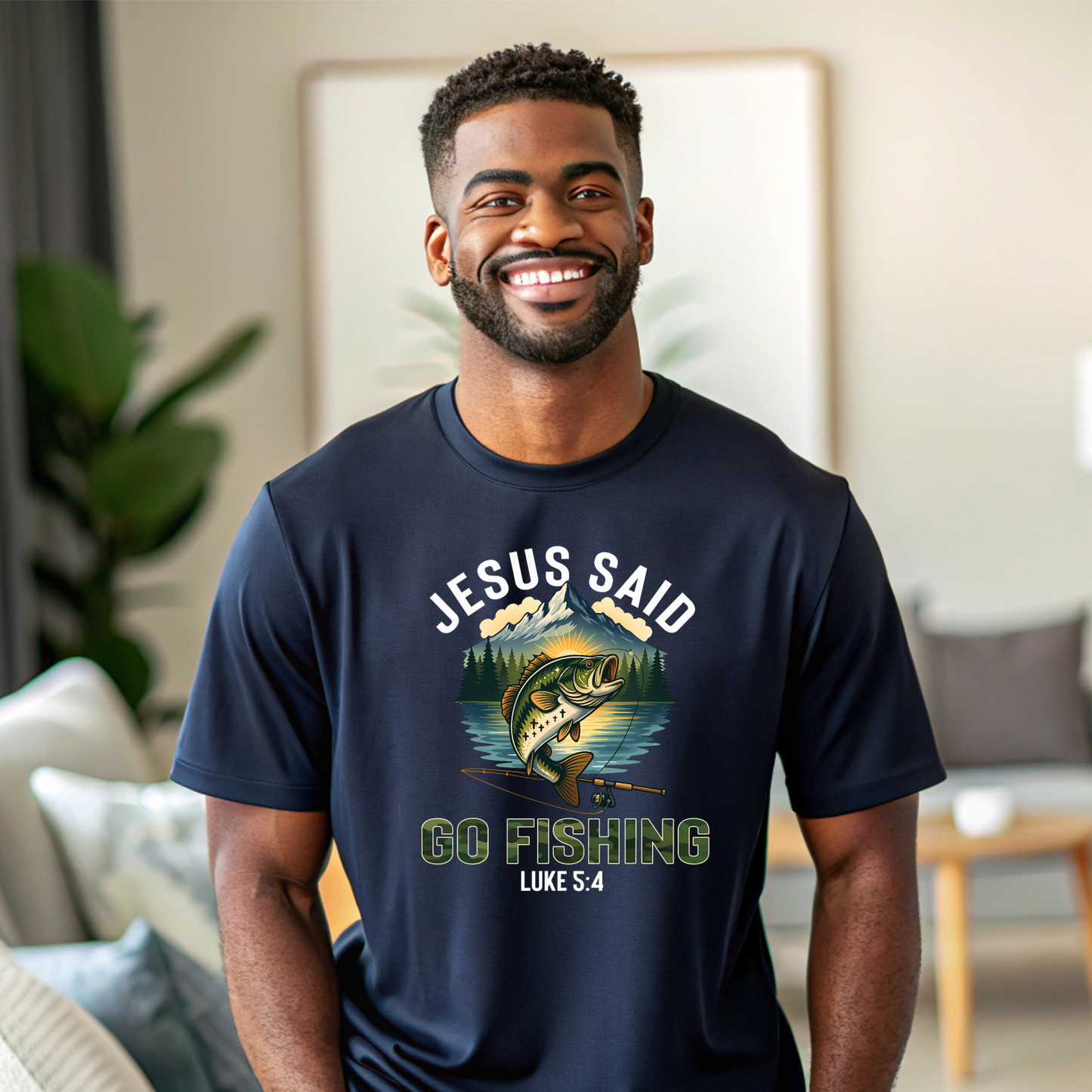 Jesus Said Go Fishing Christian t-shirt with fish graphic