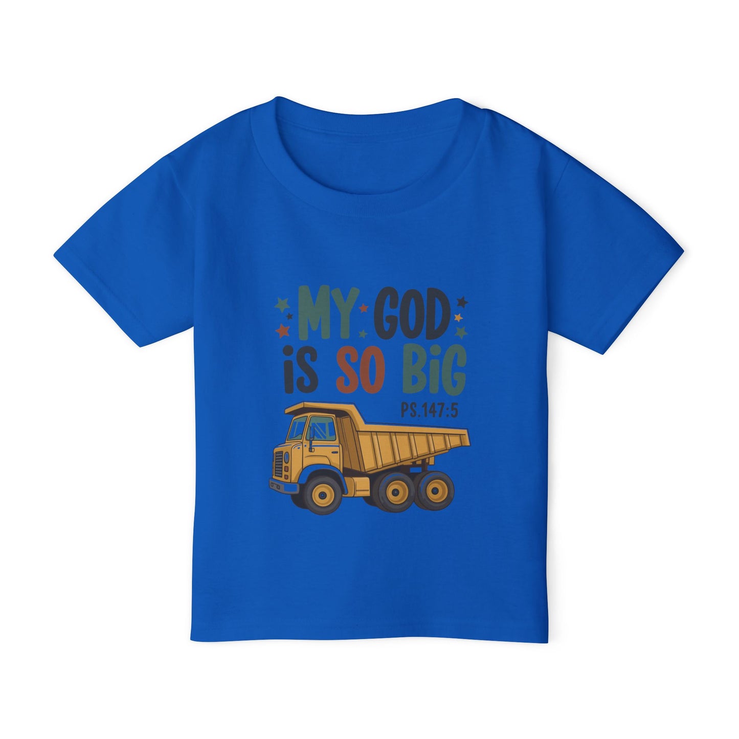 My God is so big toddler blue t-shirt with dump truck 