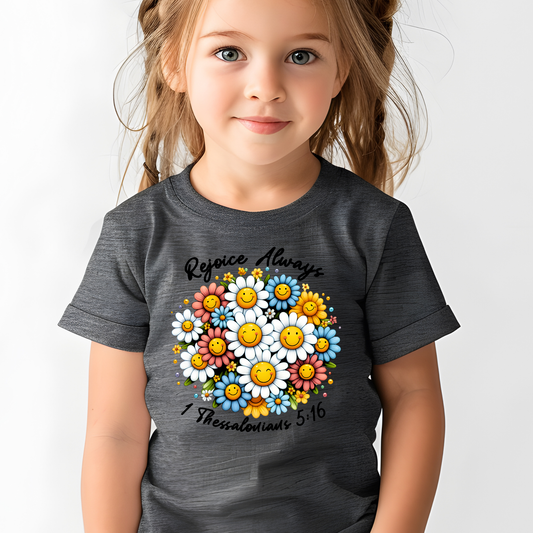Rejoice in the Lord Always kids tee with smiley face flowers