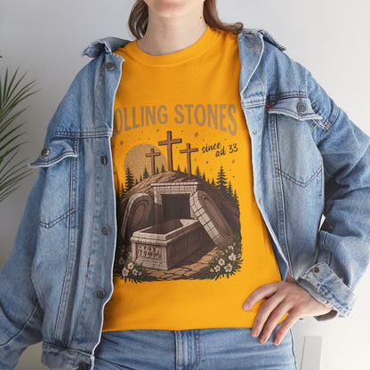 Rolling Stones Christian yellow t-shirt with empty tomb rock