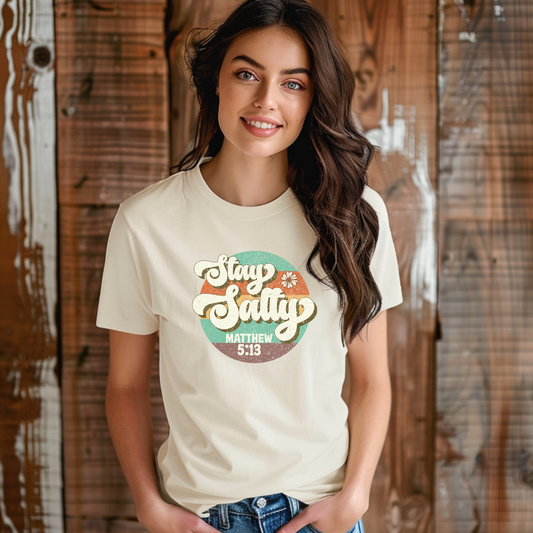 Stay Salty tan t-shirt with retro font Matthew 5:13 