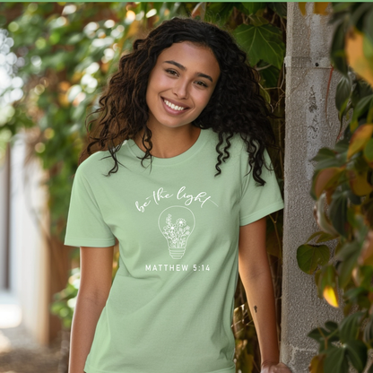 Green be the Light Matthew 5:13 Christian t-shirt with light bulb and flowers