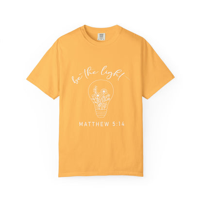 Yellow be the Light Matthew 5:13 Christian t-shirt with light bulb and flowers