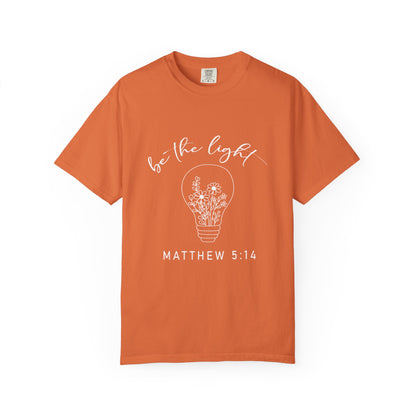 Orange be the Light Matthew 5:13 Christian t-shirt with light bulb and flowers