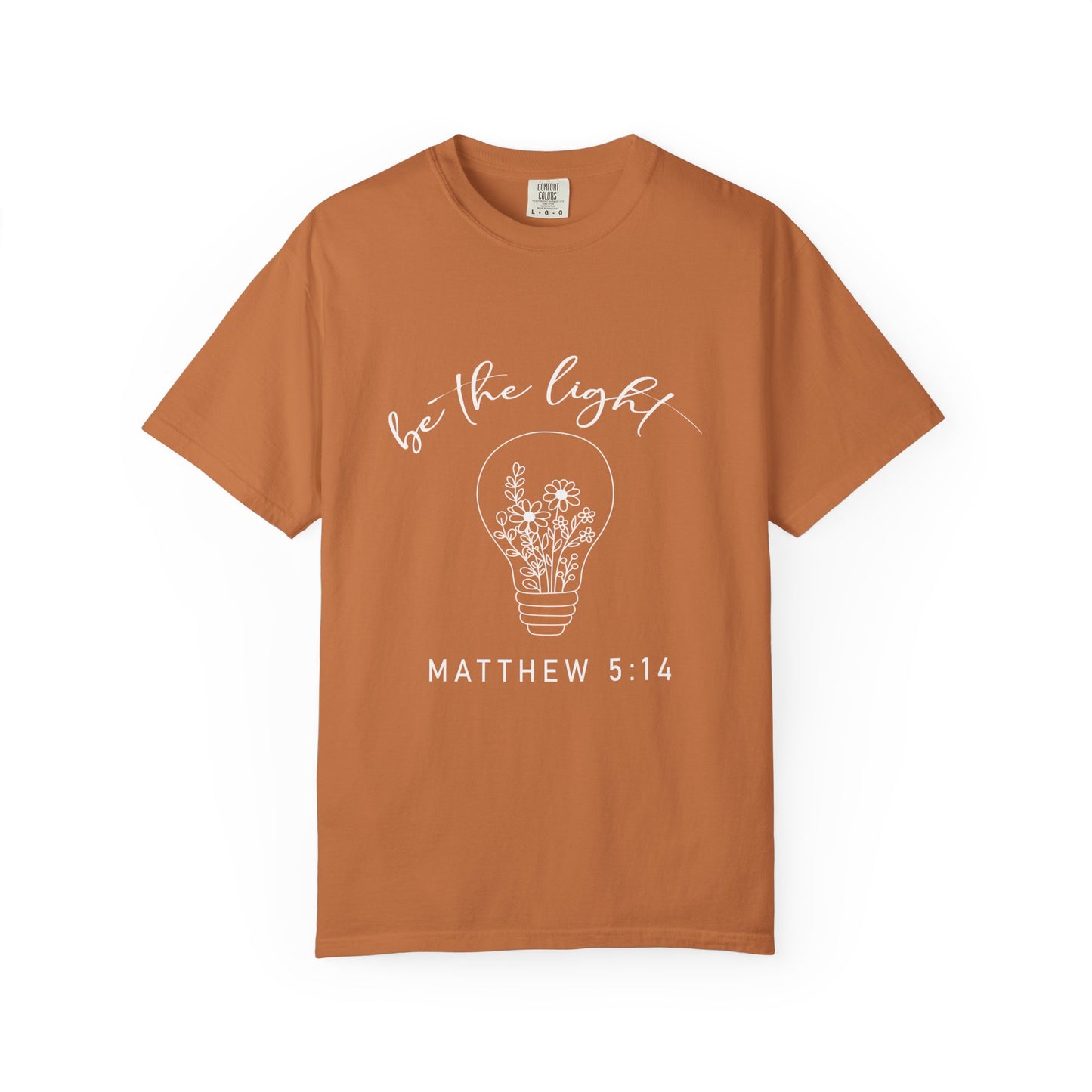 Rust be the Light Matthew 5:13 Christian t-shirt with light bulb and flowers