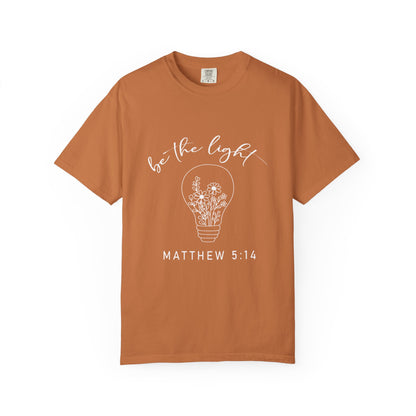 Rust be the Light Matthew 5:13 Christian t-shirt with light bulb and flowers