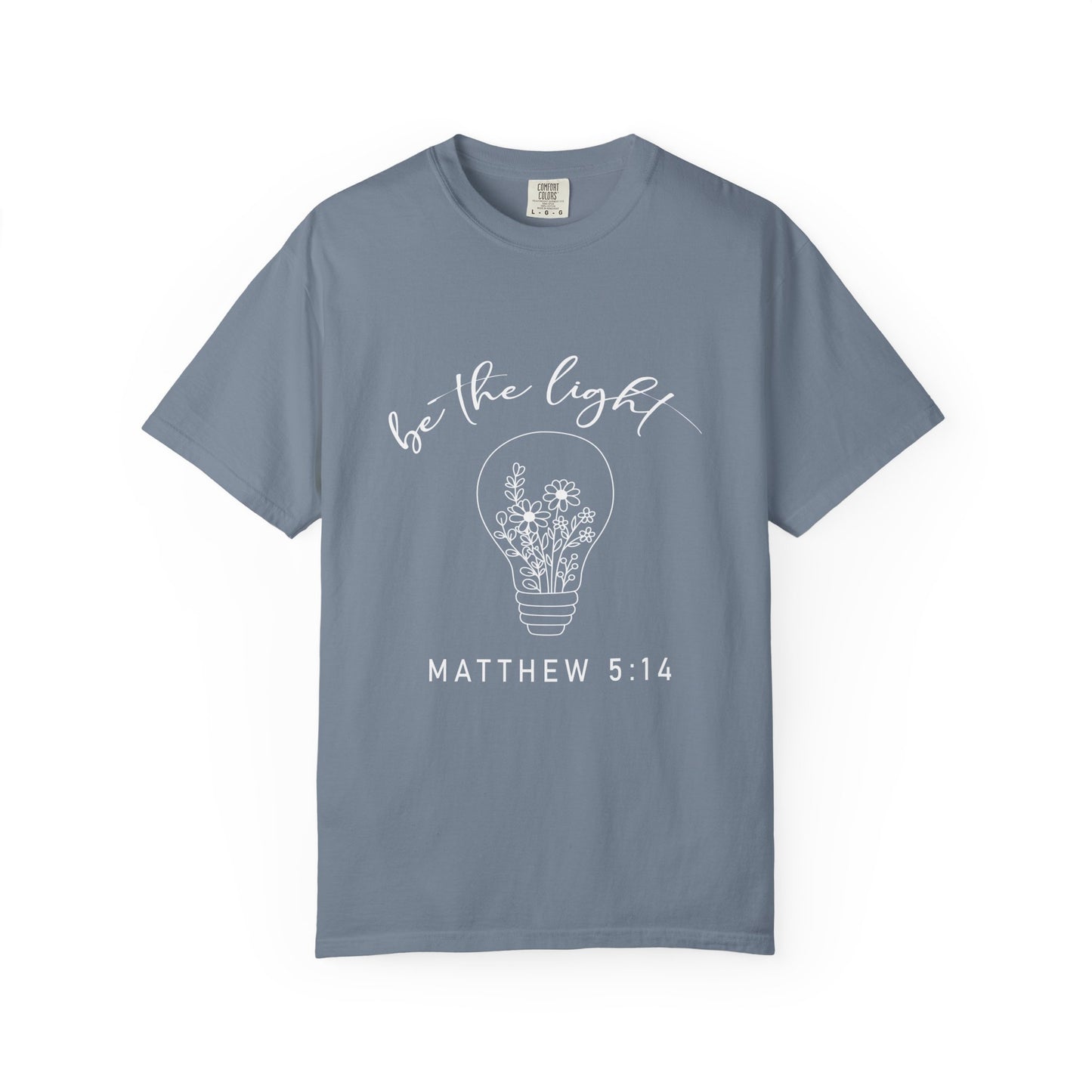 Blue be the Light Matthew 5:13 Christian t-shirt with light bulb and flowers