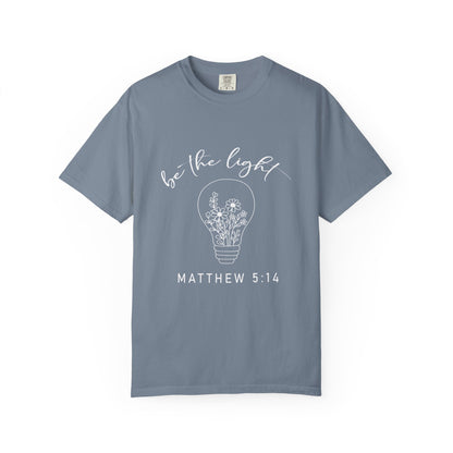 Blue be the Light Matthew 5:13 Christian t-shirt with light bulb and flowers