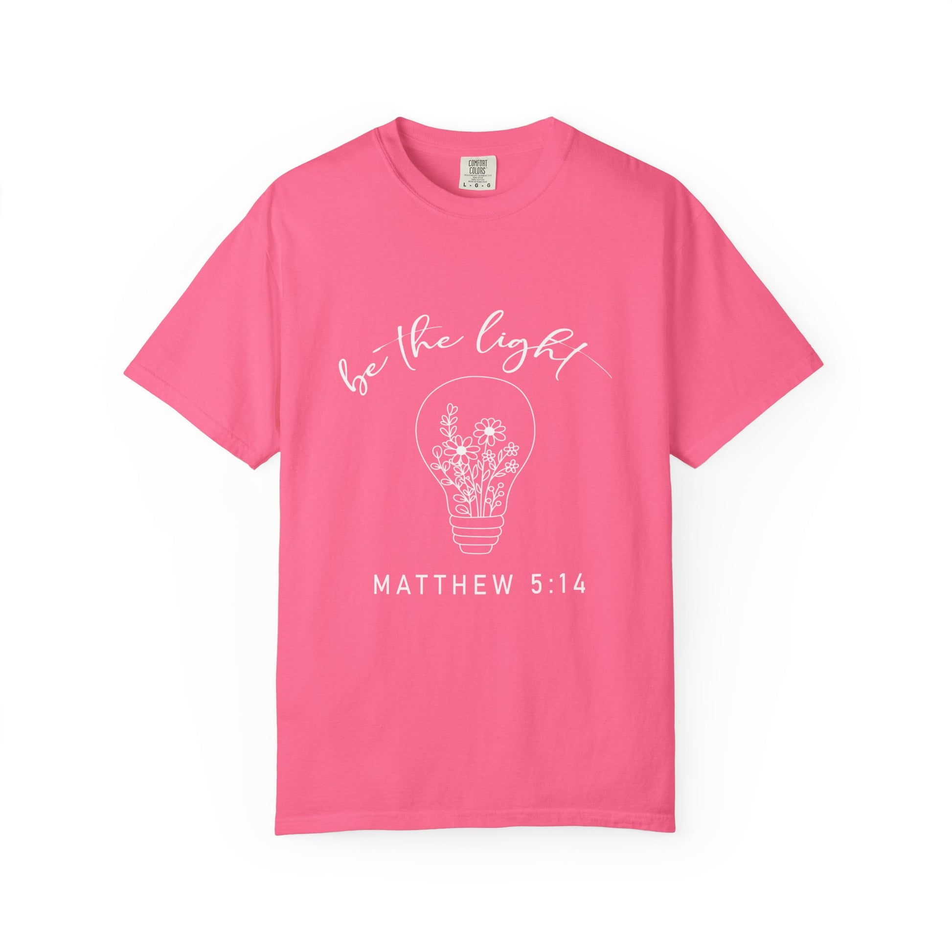 Pink be the Light Matthew 5:13 Christian t-shirt with light bulb and flowers