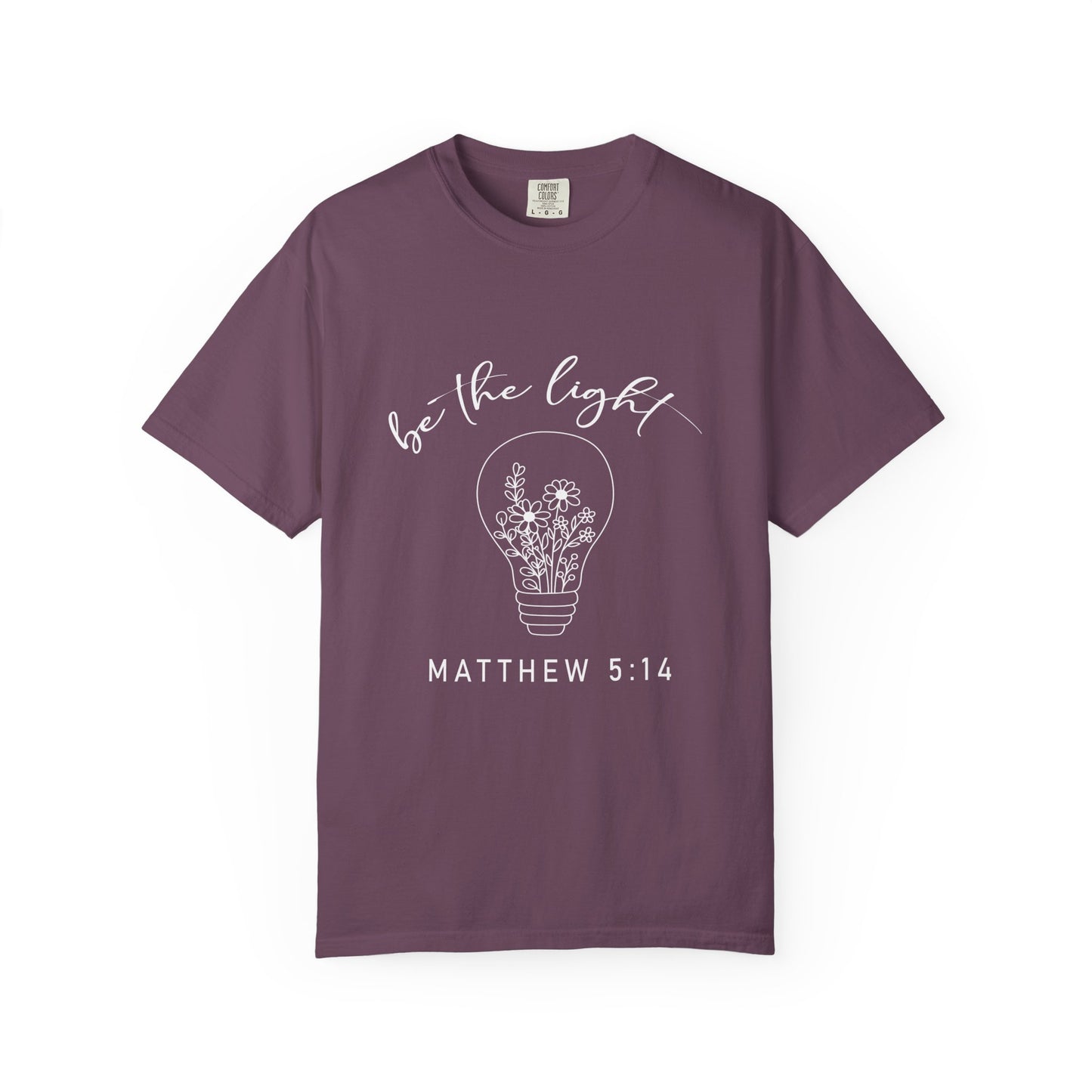 Purple be the Light Matthew 5:13 Christian t-shirt with light bulb and flowers