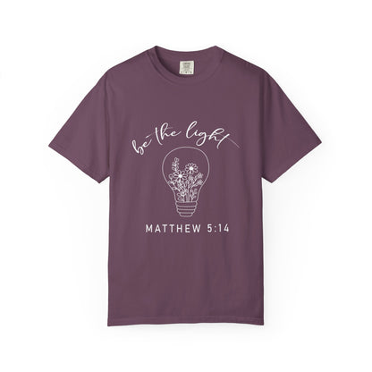 Purple be the Light Matthew 5:13 Christian t-shirt with light bulb and flowers