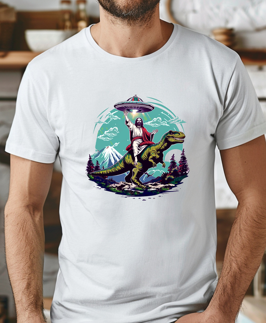 Adult Christian t-shirt with Jesus riding T-Rex dinosaur and alien spaceship graphic design
