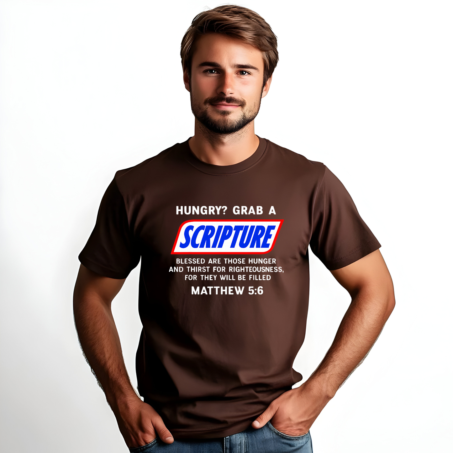 Scripture Christian t-shirt with candy bar-style design referencing Matthew 5:8