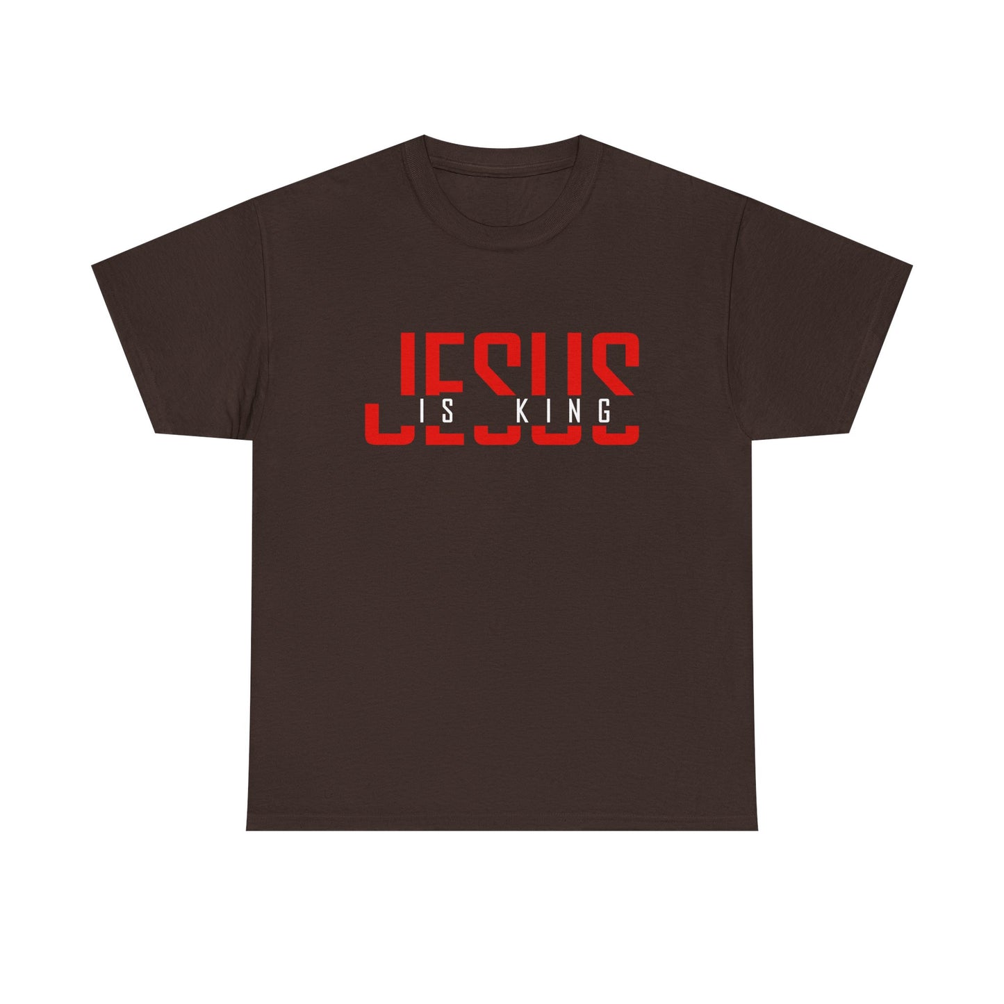 Brown t-shirt with 'Jesus is King' text in red and white 