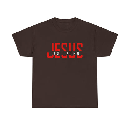 Brown t-shirt with 'Jesus is King' text in red and white 