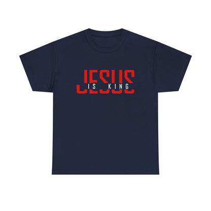 Navy blue t-shirt with 'Jesus is King' in red text and white 