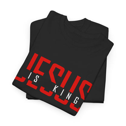 Black t-shirt with red and white text 'JESUS IS KING' on a white background