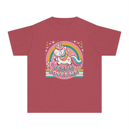 Red Jesus Loves Me kids t-shirt with colorful unicorn design