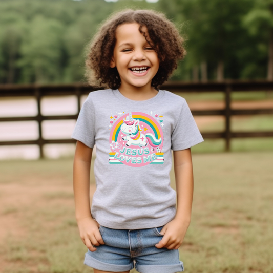 Grey Jesus Loves Me kids t-shirt with colorful unicorn design