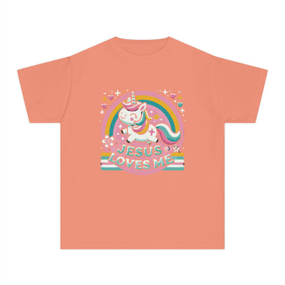 Peach Jesus Loves Me kids t-shirt with colorful unicorn design