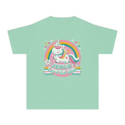 Mint Jesus Loves Me kids t-shirt with colorful unicorn design
