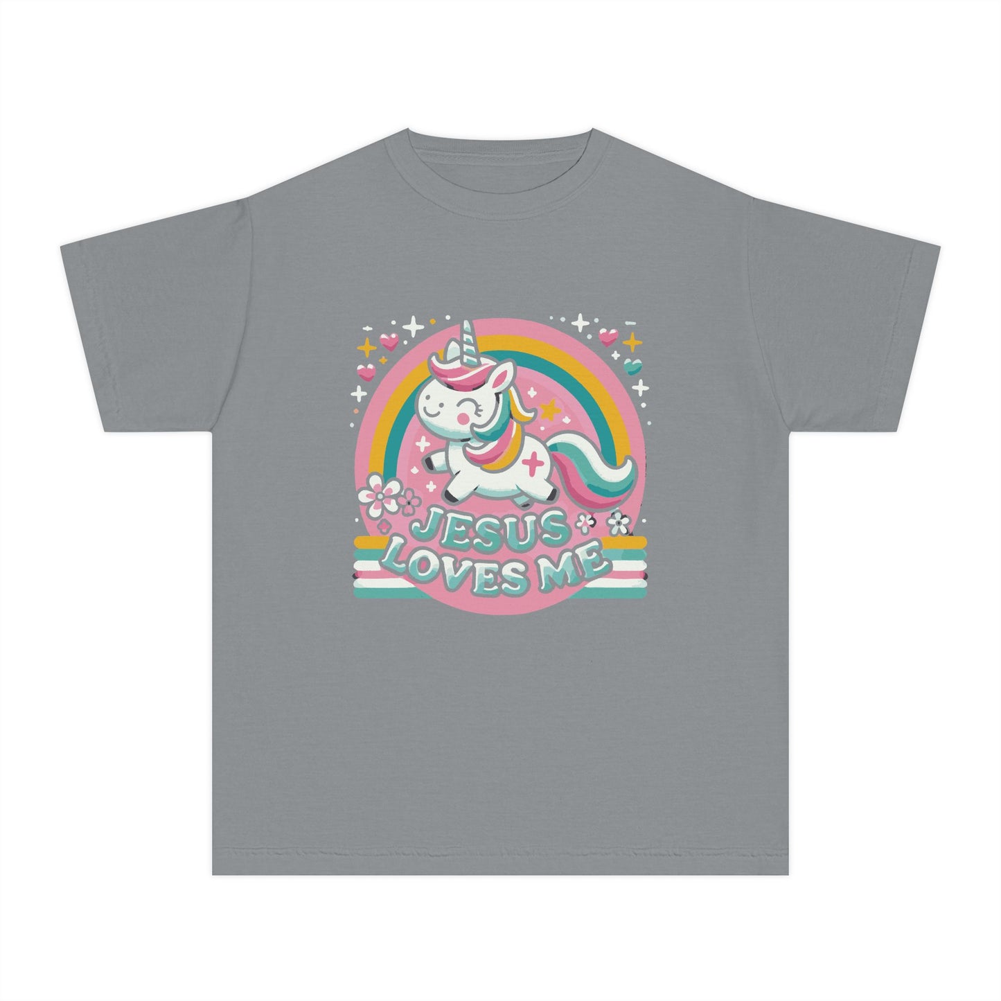 Dark grey Jesus Loves Me kids t-shirt with colorful unicorn design