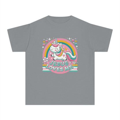 Dark grey Jesus Loves Me kids t-shirt with colorful unicorn design