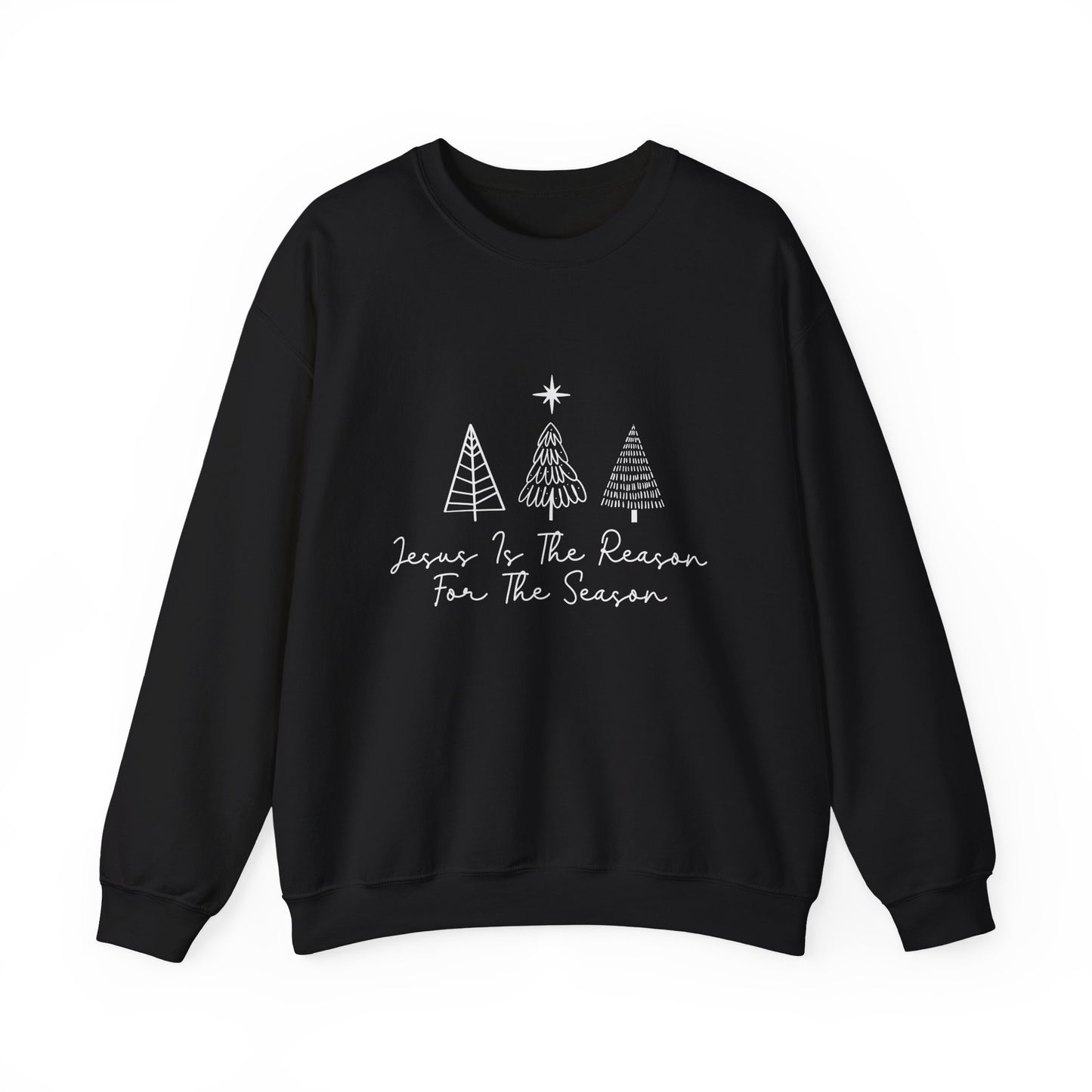 Jesus is the Reason for the Season black sweatshirt with hand-drawn Christmas tree doodles
