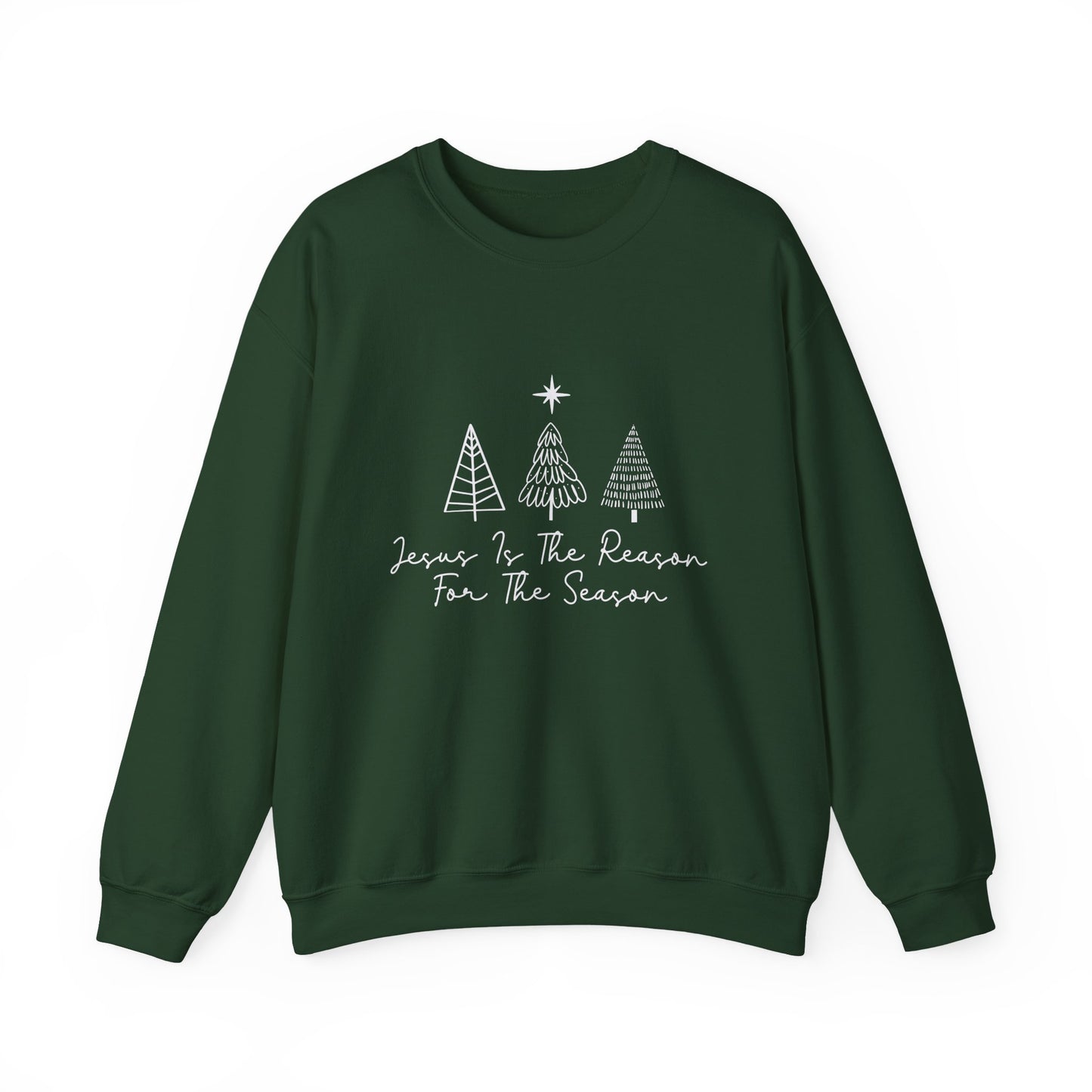 Jesus is the Reason for the Season green sweatshirt with hand-drawn Christmas tree doodles