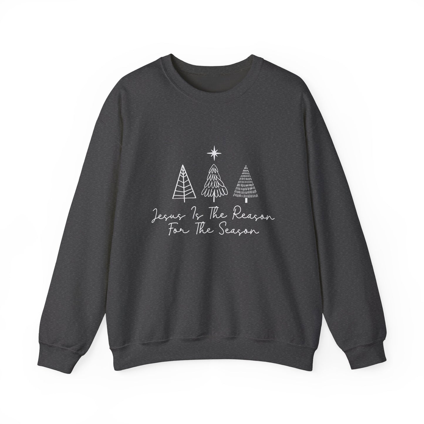 Jesus is the Reason for the Season grey sweatshirt with hand-drawn Christmas tree doodles