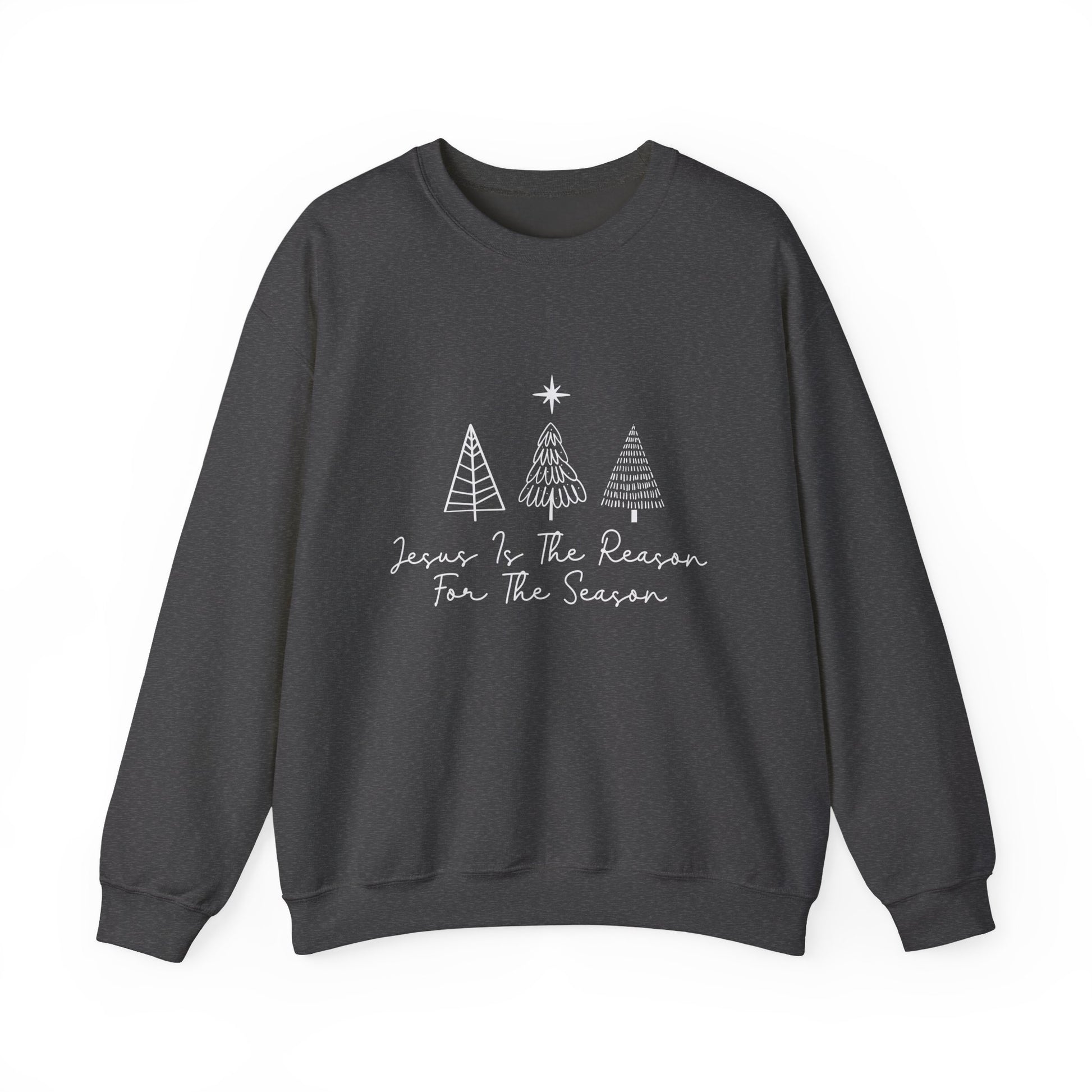 Jesus is the Reason for the Season grey sweatshirt with hand-drawn Christmas tree doodles