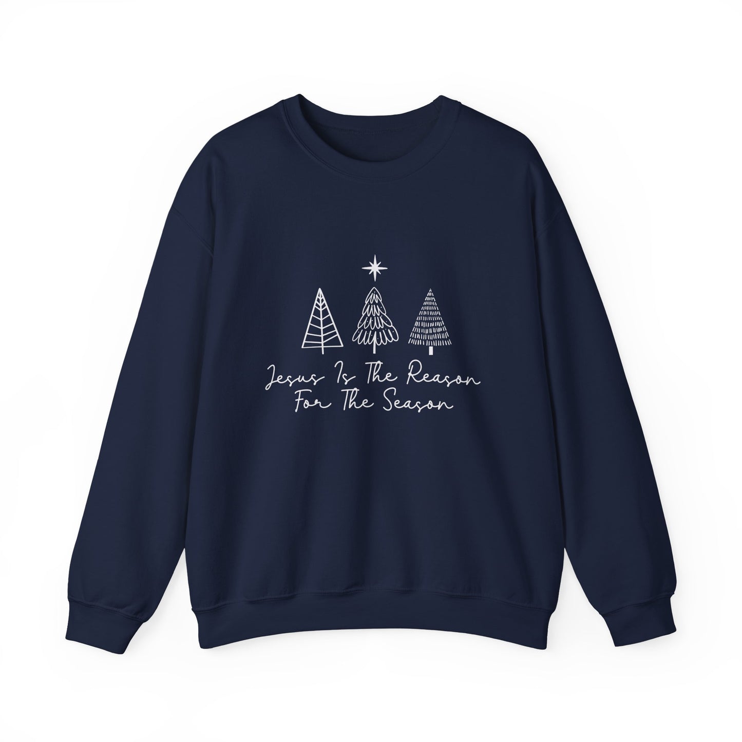Jesus is the Reason for the Season navy blue sweatshirt with hand-drawn Christmas tree doodles