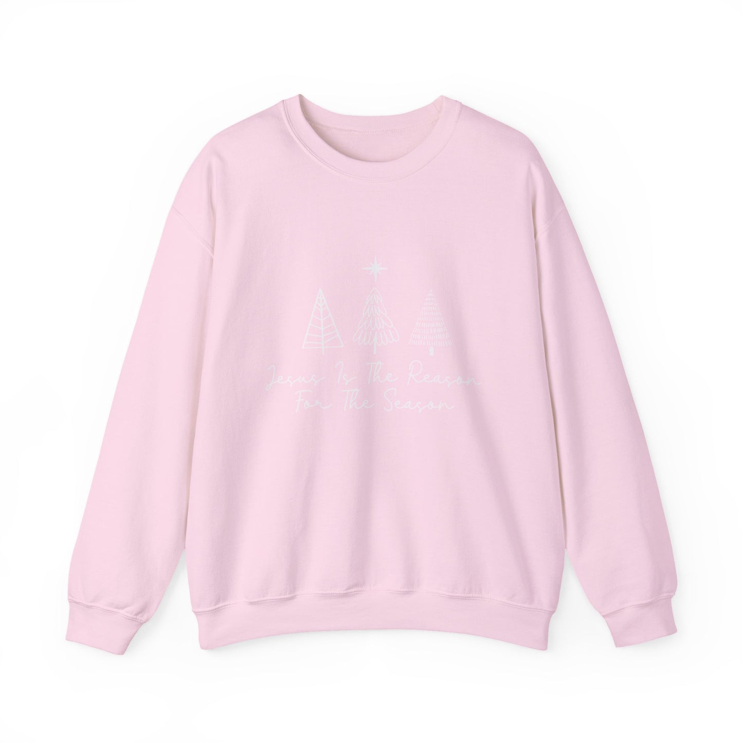 Jesus is the Reason for the Season pink sweatshirt with hand-drawn Christmas tree doodles