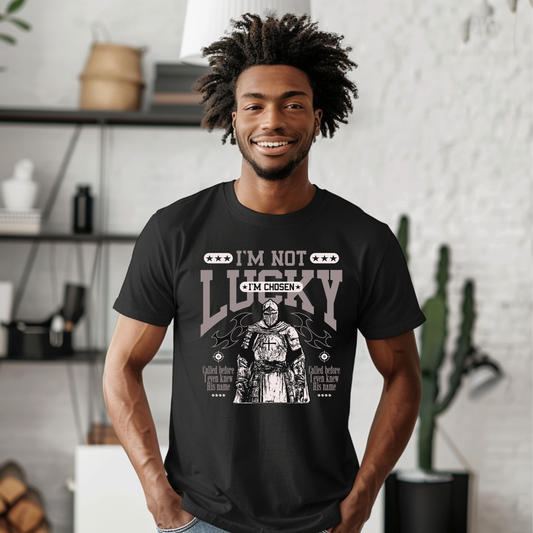 'm Not Lucky I'm Chosen Christian t-shirt with knight warrior graphic