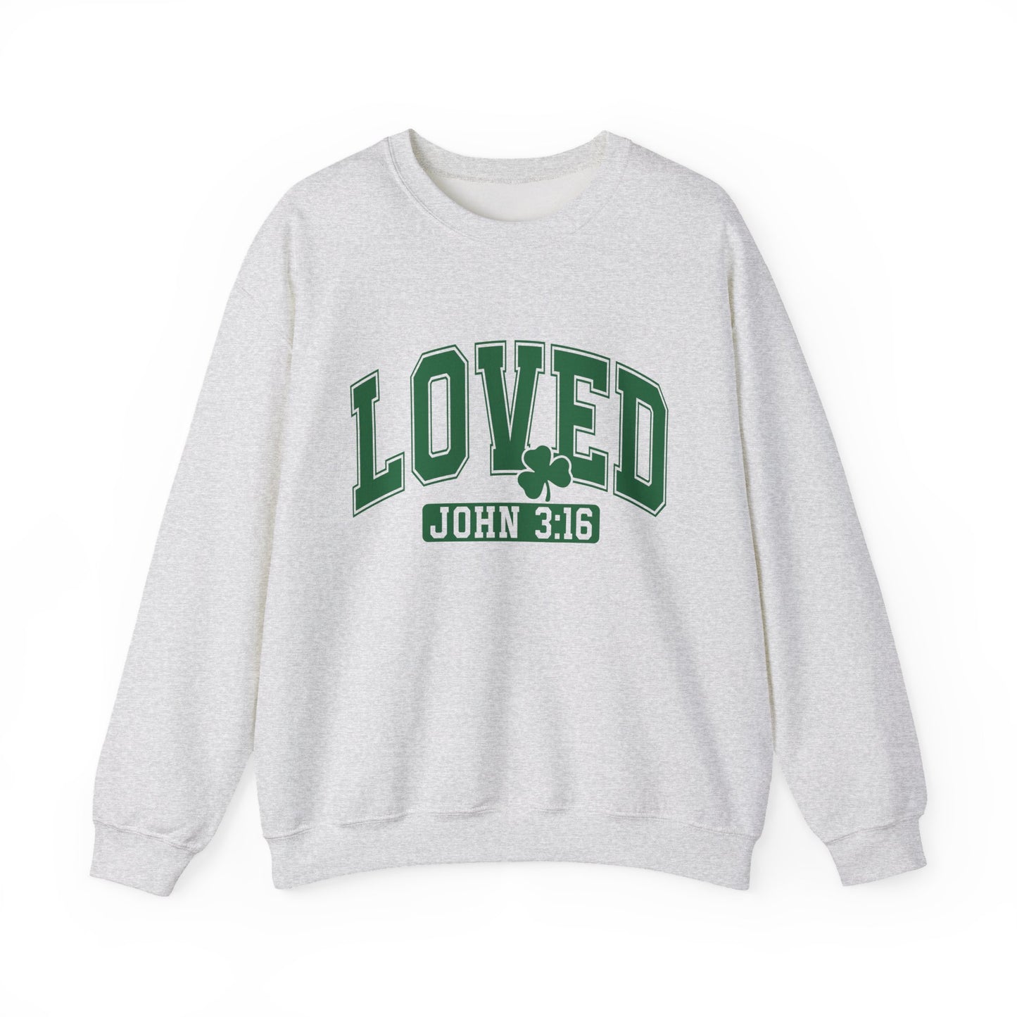 "Loved John 3:16" white sweatshirt with green varsity lettering and shamrock design on Gildan crewneck