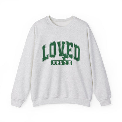 "Loved John 3:16" white sweatshirt with green varsity lettering and shamrock design on Gildan crewneck