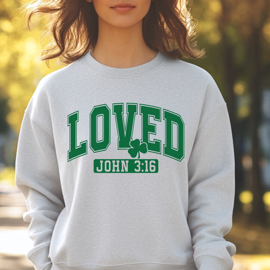 "Loved John 3:16" grey sweatshirt with green varsity lettering and shamrock design on Gildan crewneck