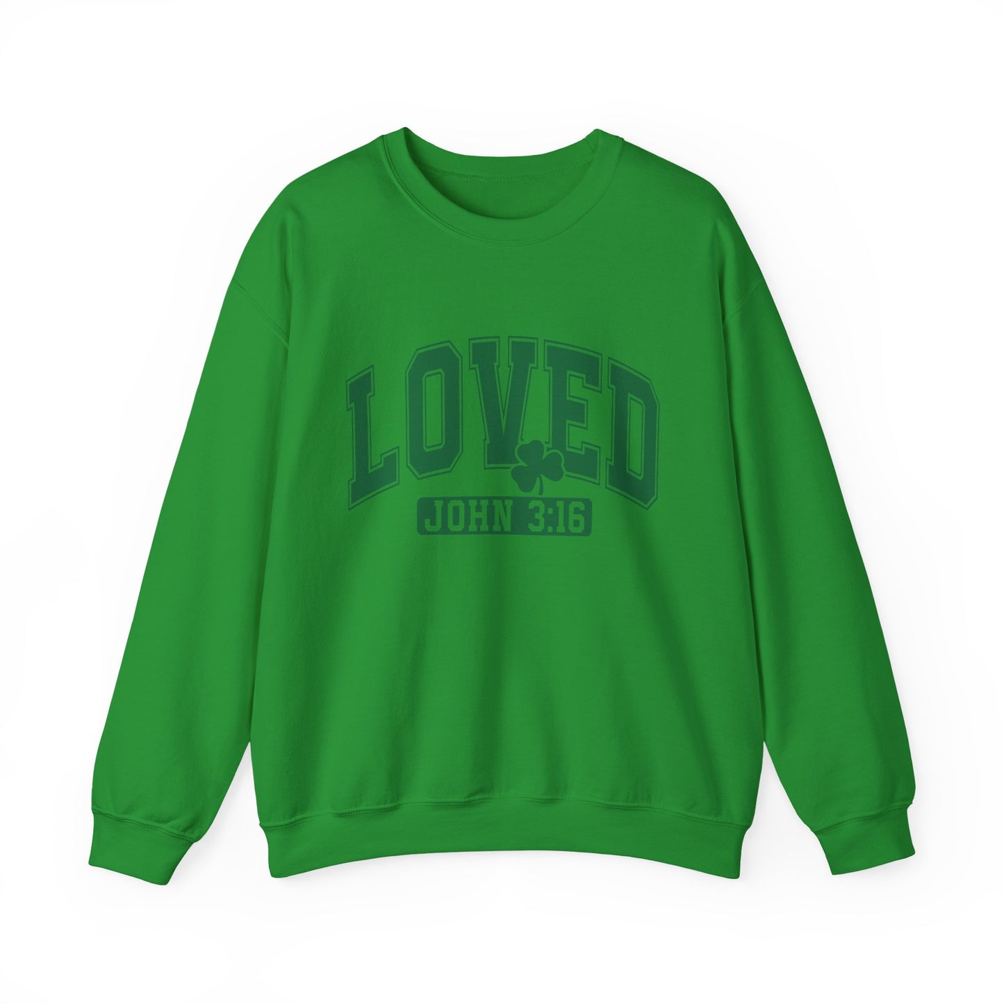 "Loved John 3:16" white sweatshirt with green varsity lettering and shamrock design on Gildan crewneck
