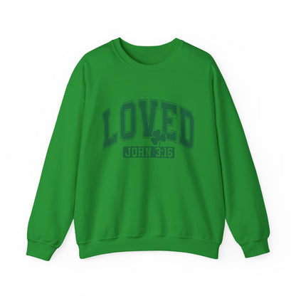 "Loved John 3:16" white sweatshirt with green varsity lettering and shamrock design on Gildan crewneck