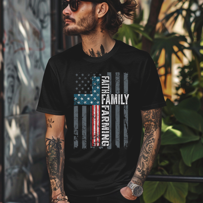Faith Family Farming Christian t-shirt with cross integrated into American flag design