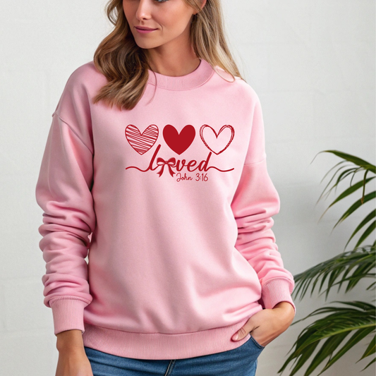 Loved Christian sweatshirt with Valentine's-style typography - John 3:16