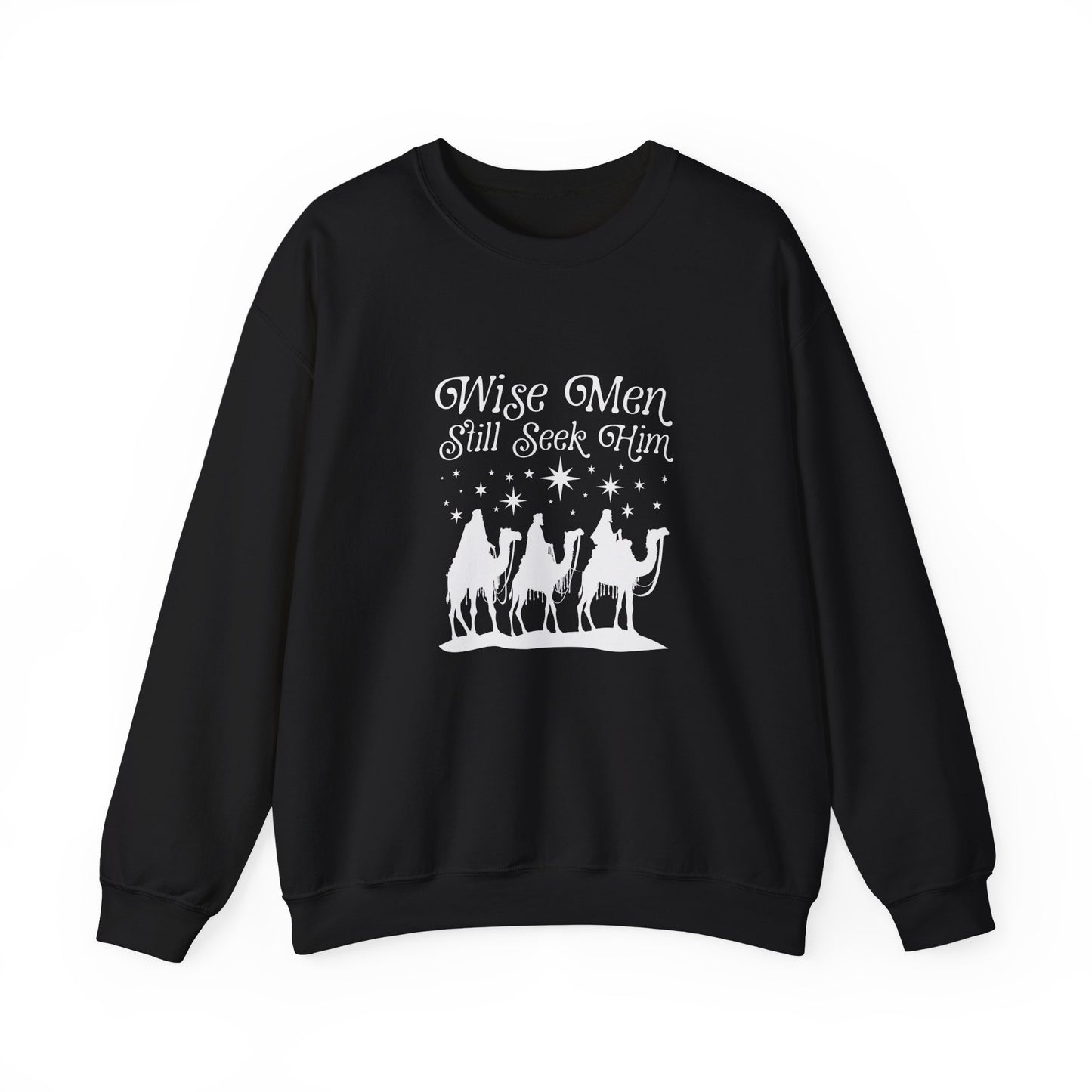 Black sweatshirt with 'Wise Men Still Seek Him' text and nativity scene graphic on a white background