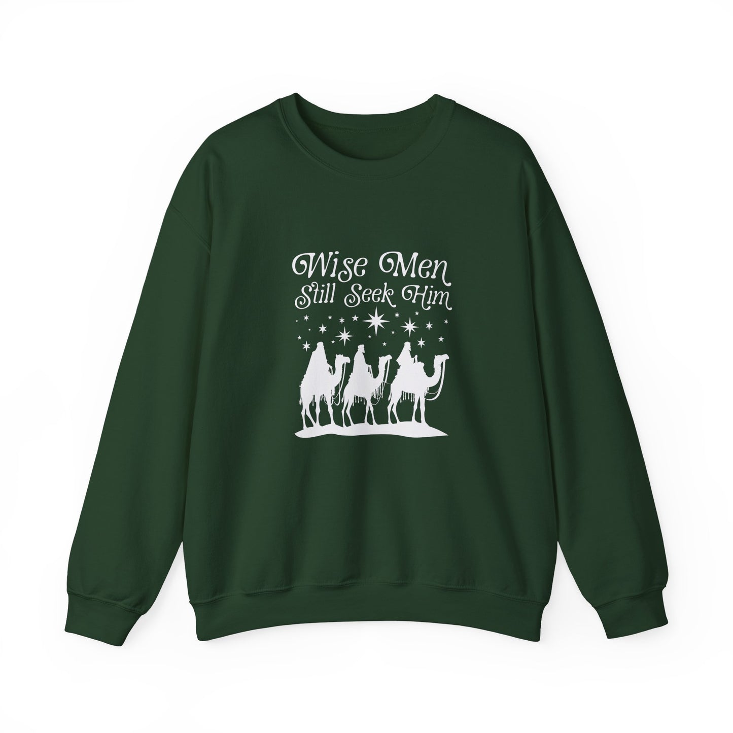 Green sweatshirt with 'Wise Men Still Seek Him' text and nativity scene on a white background