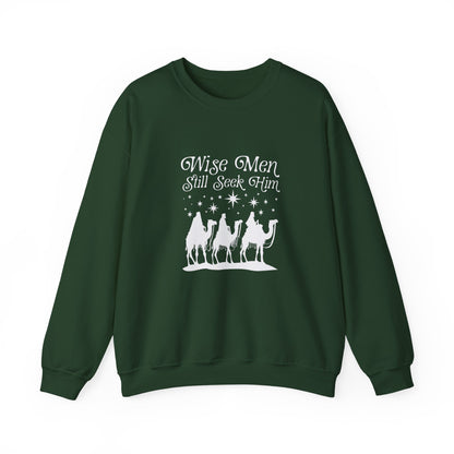 Green sweatshirt with 'Wise Men Still Seek Him' text and nativity scene on a white background