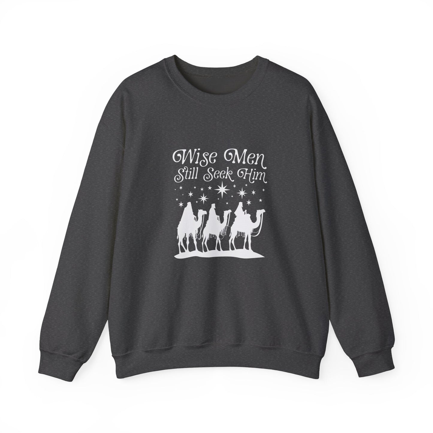 Dark gray sweatshirt with 'Wise Men Still Seek Him' text and nativity scene graphic on a white background