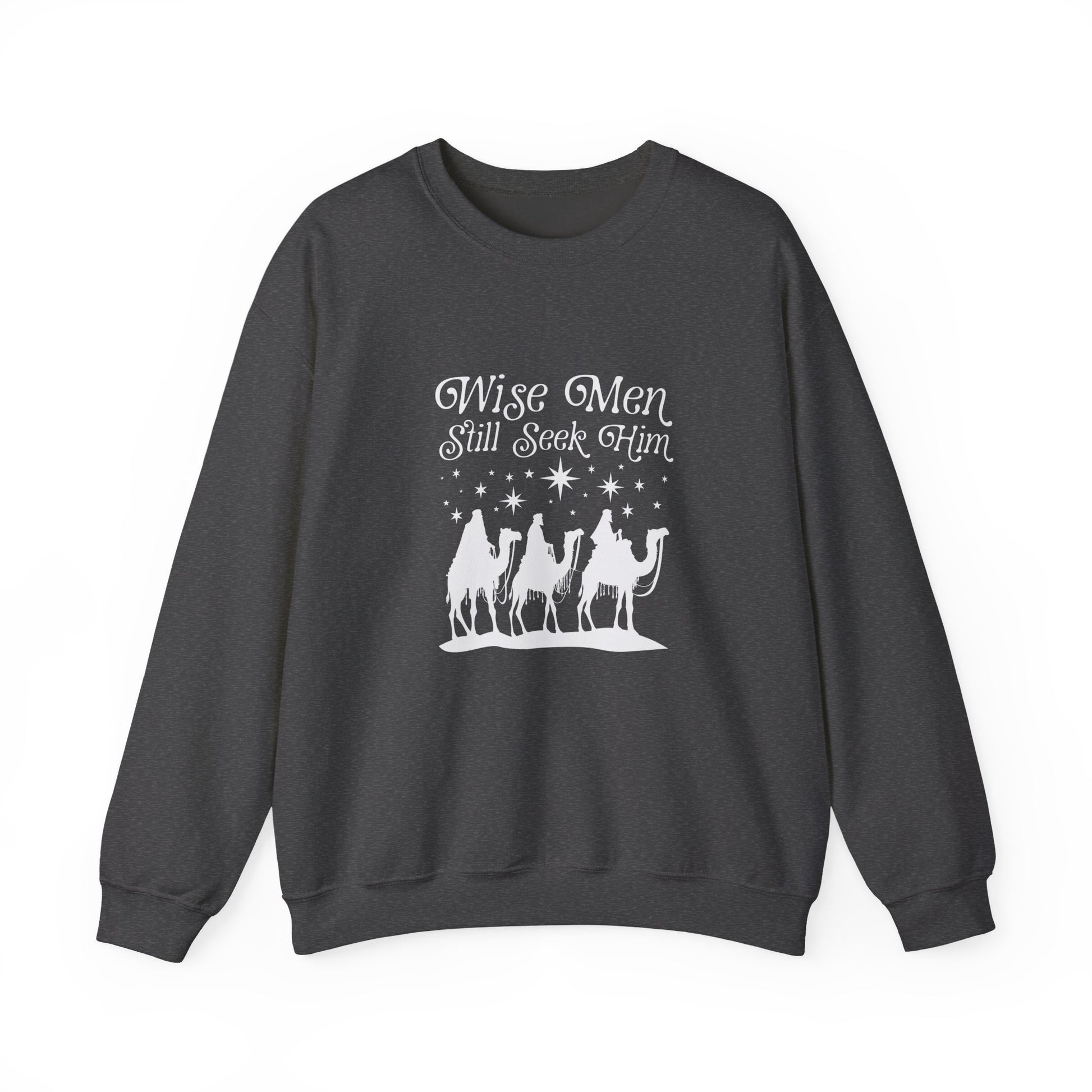 Dark gray sweatshirt with 'Wise Men Still Seek Him' text and nativity scene graphic on a white background