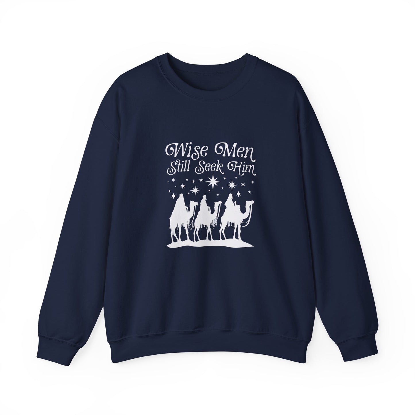 Navy blue sweatshirt with 'Wise Men Still Seek Him' text and nativity scene graphic on a white background